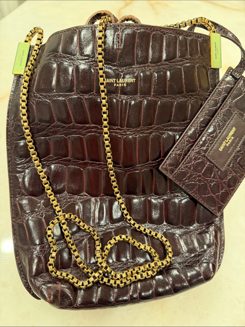 Saint Laurent Croc-Embossed Crossbody in Deep Burgundy with Gold Chain - Picture 3 of 7